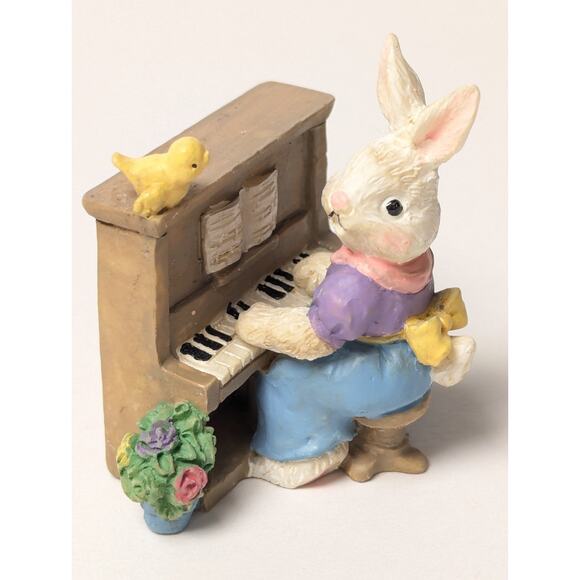 Vtg Cottontail Lane Bunny Mini Figurine Playing Piano with Yellow Bird 1.75" - Picture 1 of 6